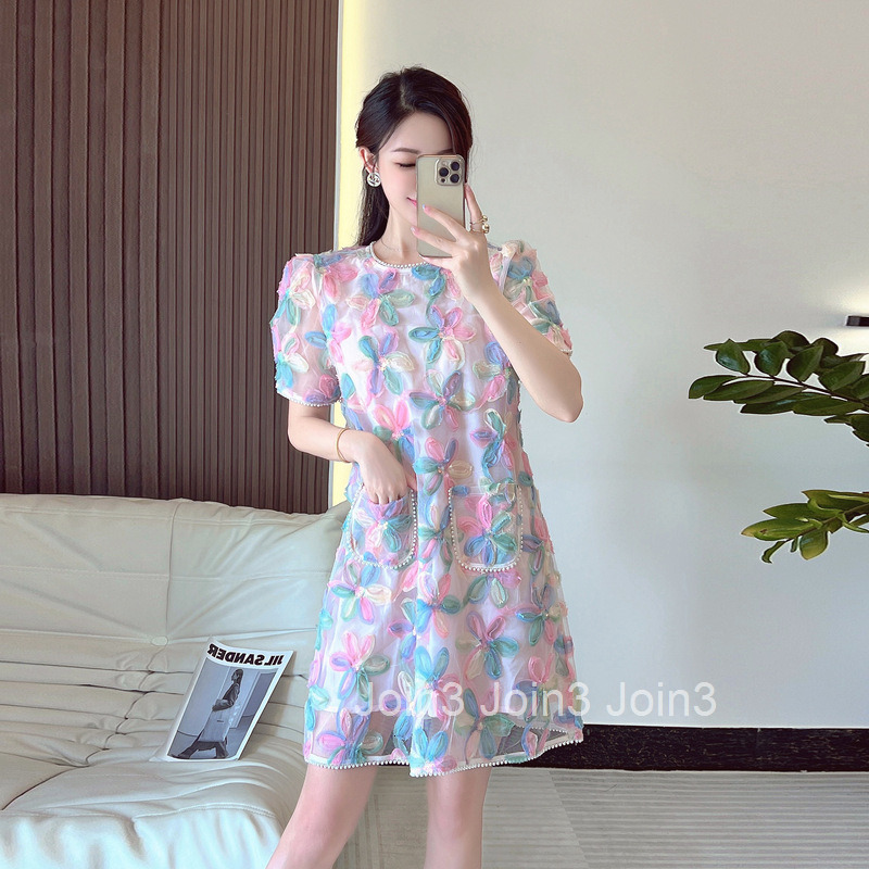 Summer New 2025 Heavy Beaded Short Sleeve Dress Mesh Three-Dimensional Flower Straight Dress for Women