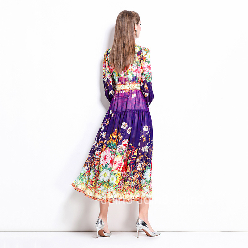 1249 Spring Summer New Chiffon Stand Collar Lantern Sleeve Printed Long Dress