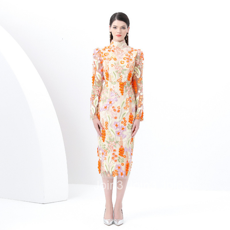 6002 Early Spring New Womens Clothing Stand Collar Long Sleeve Slim Fit Bodycon Embroidered Midi Dress