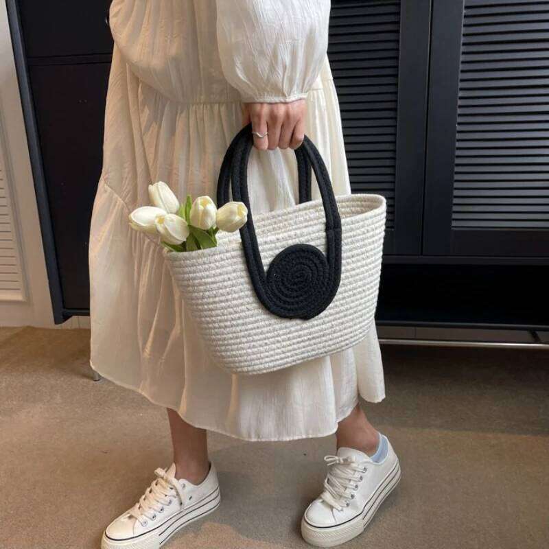 Women's Bags Designer Woven Simple Folded Straw Handbag Diagonal Holiday Cotton Rope Commuting Tote Bag For Women