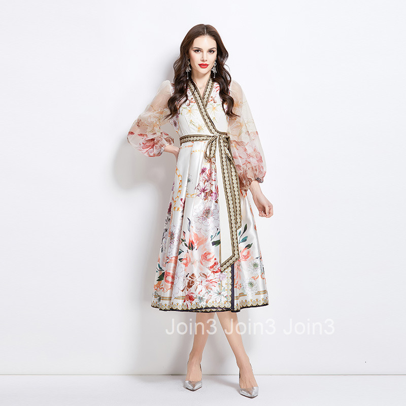 2736 Spring New Style Collar Ethnic Print Satin Wrap Long Dress