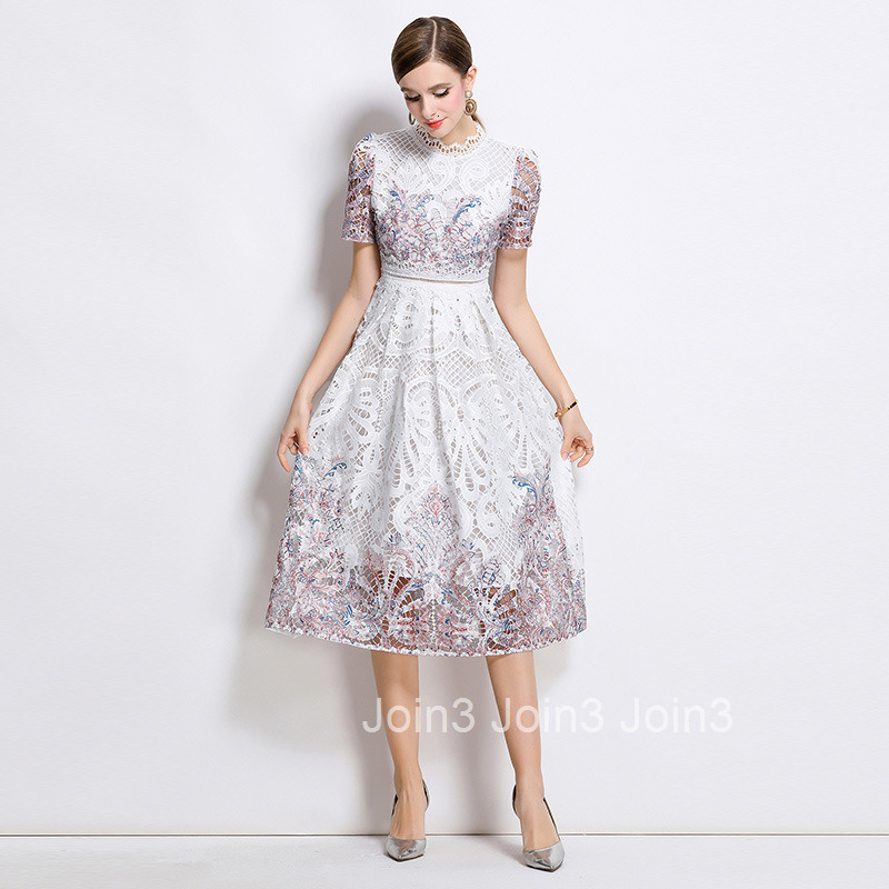 706 Fashion Slimming Hollow Water-Soluble Lace Positioning Printed Mid-Length Dress