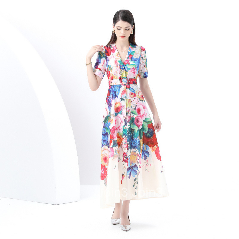6073 Early Spring New Womens Vacation Style Suit Collar Short Sleeve Flared Printed Long Dress
