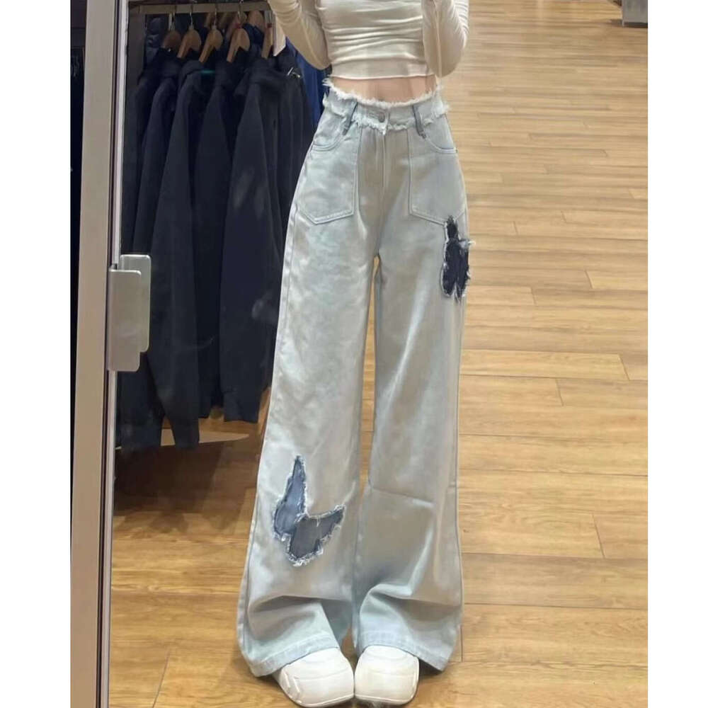 Light Blue Frayed Butterfly Straight Jeans for Women, Autumn New Embroidered Design, High Waist, Loose Fit, Slimming Wide Leg Pants