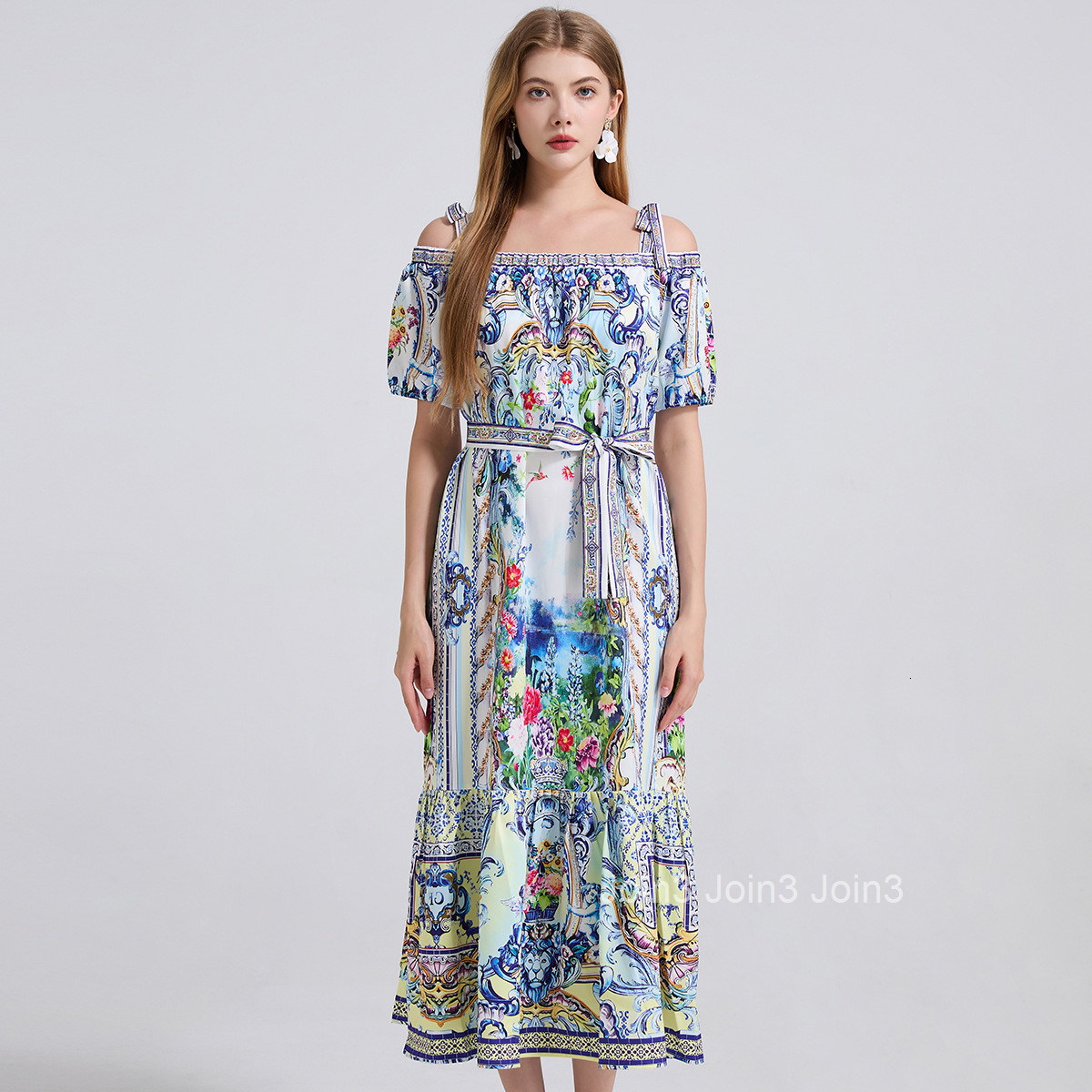 767 Positioning Printed Sexy Off-Shoulder Tie Loose Waist Dress Short Sleeve Long Dress