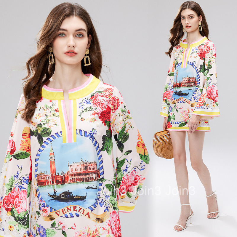 739 Autumn New Womens Fashion Printed Round Neck Slit Long Sleeve Dress Loose Short Dress