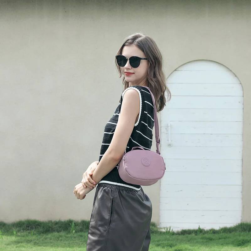 Summer New Fashion Shoulder Handbag Candy Colour Small Round Female Waterproof Nylon Cloth Mobile Phone Crossbody Bag