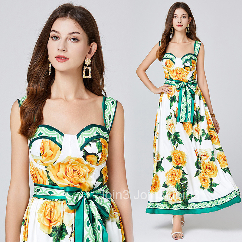 697 Summer New Womens Fashion Elegant Printed Strap Long Dress Slim Fit High Waist Flared Dress