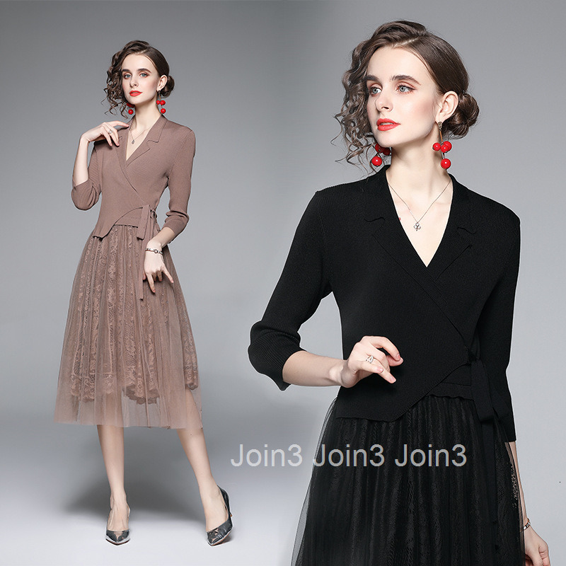 3315 Autumn New Fashionable Lace Embroidery Mesh Patchwork Knitted Fake Two-Piece Dress
