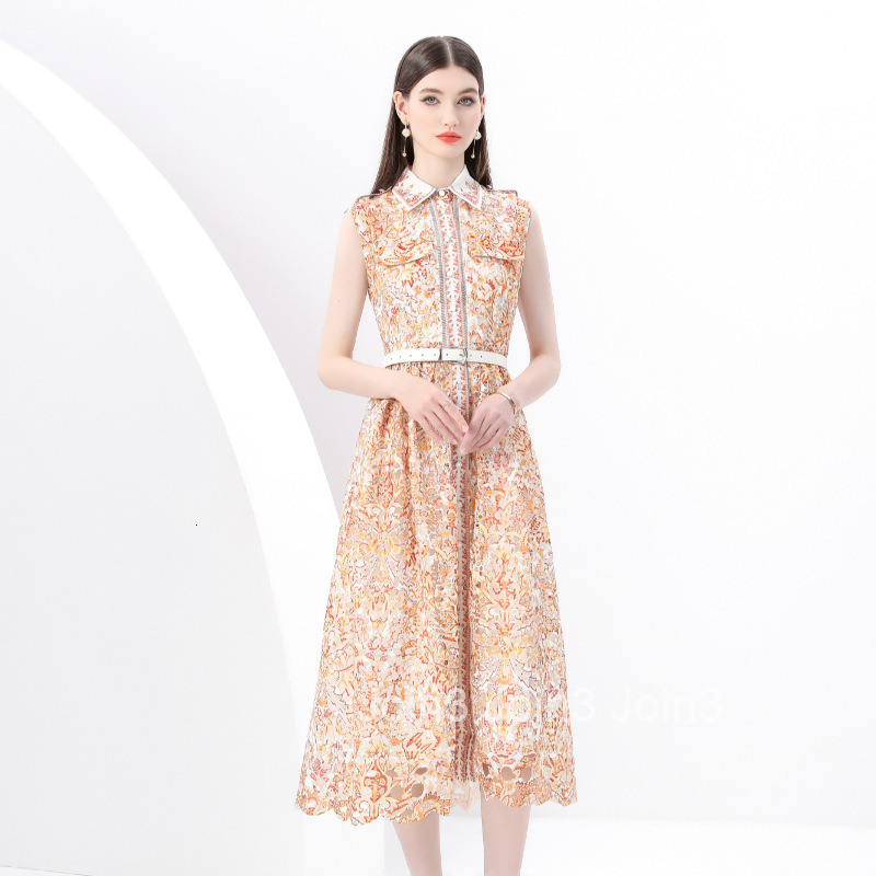 6196 Early Spring New Womens Fashion Elegant Lace Collar Waist-Cinching Sleeveless Long Dress Printed Dress
