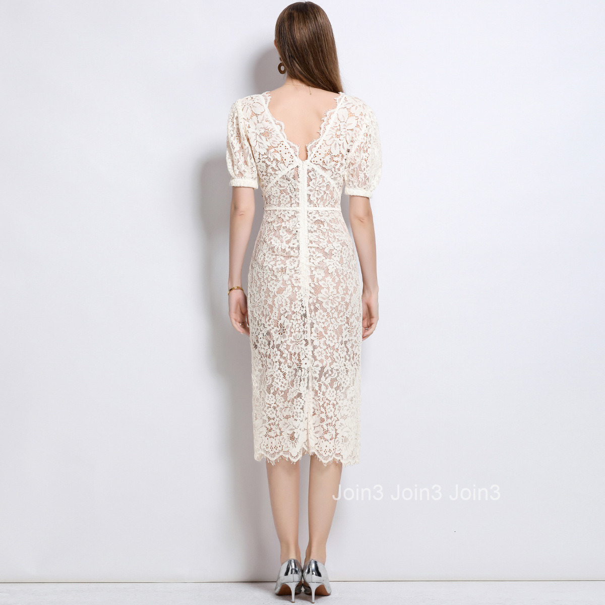 9625 Elegant Collar Short Sleeve Lace Waist Slim Dress with Camisole