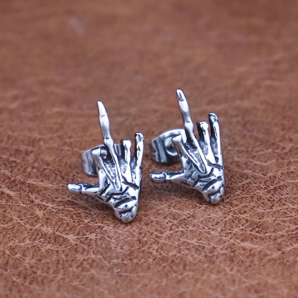 Punk Rock Personalized Ghost Hand Stud Earrings for Men Boy 316L Stainless Steel Gothic Erect Middle Finger Earrings Accessories 250715