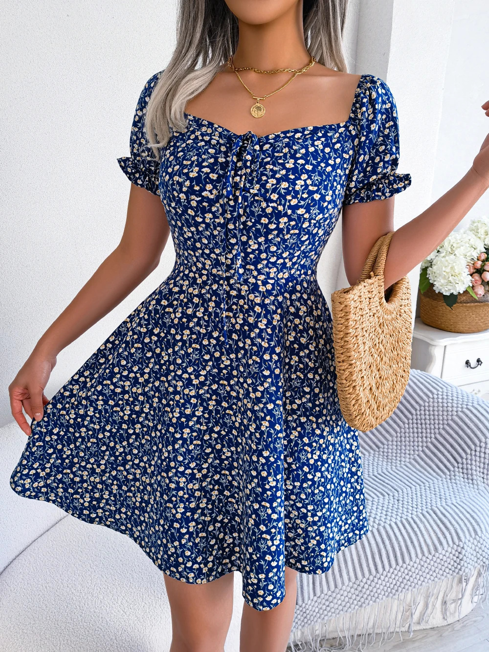 Women Casual Ruffles Short Sleeve Floral Print A Line Dress 250717