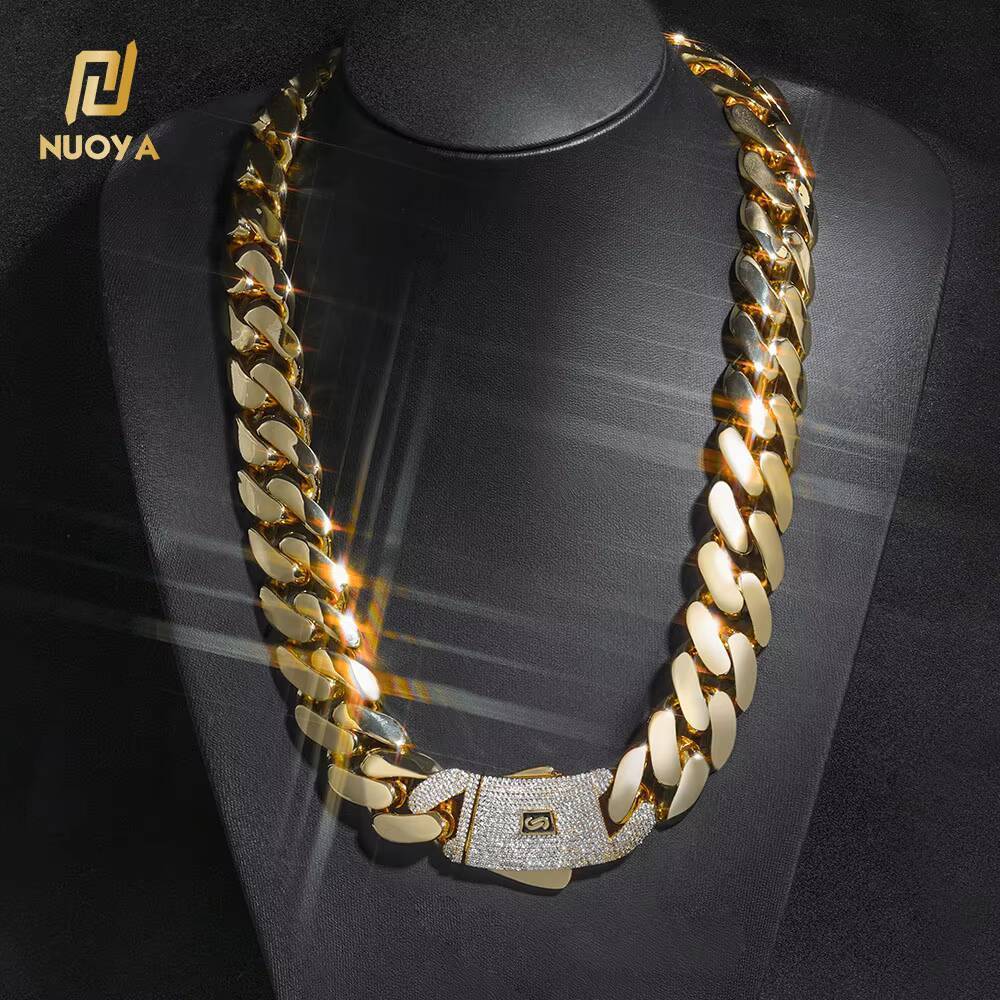 NUOYA 14K Gold Plated Thick Solid Cuban Link Chain Hip Hop Jewelry Iced Diamond Clasp Flat Miami Cuban Link Necklace for Men