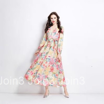 2708 Spring and Summer New Watercolor Floral Long Sleeve Long Dress