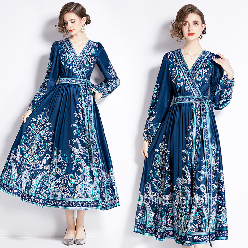 2372 Early Spring New Womens V-neck Ethnic Style Long Sleeve Printed Tie Large Hem Long Dress