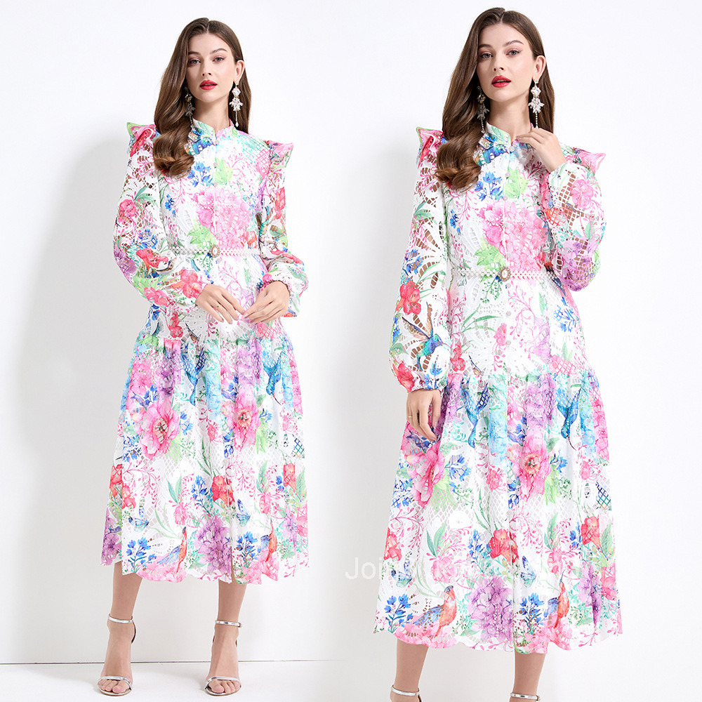 2148 Spring New Womens Stand Collar Floral Print Water-Soluble Long Waist-Cinching Lace Dress