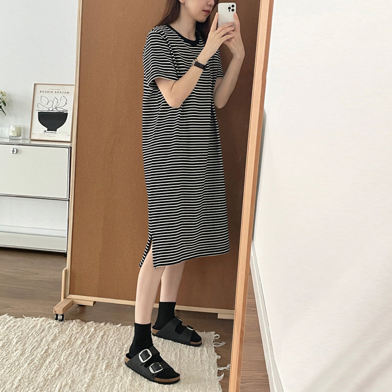 MU188 striped dress for women medium-length over the knee 2025 summer new slit loose straight slim dress