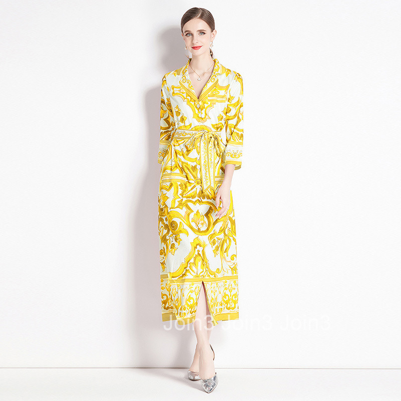 6068 Fashion Printed Loose Pocket Mid-Sleeve Blazer Collar Shirt Long Dress