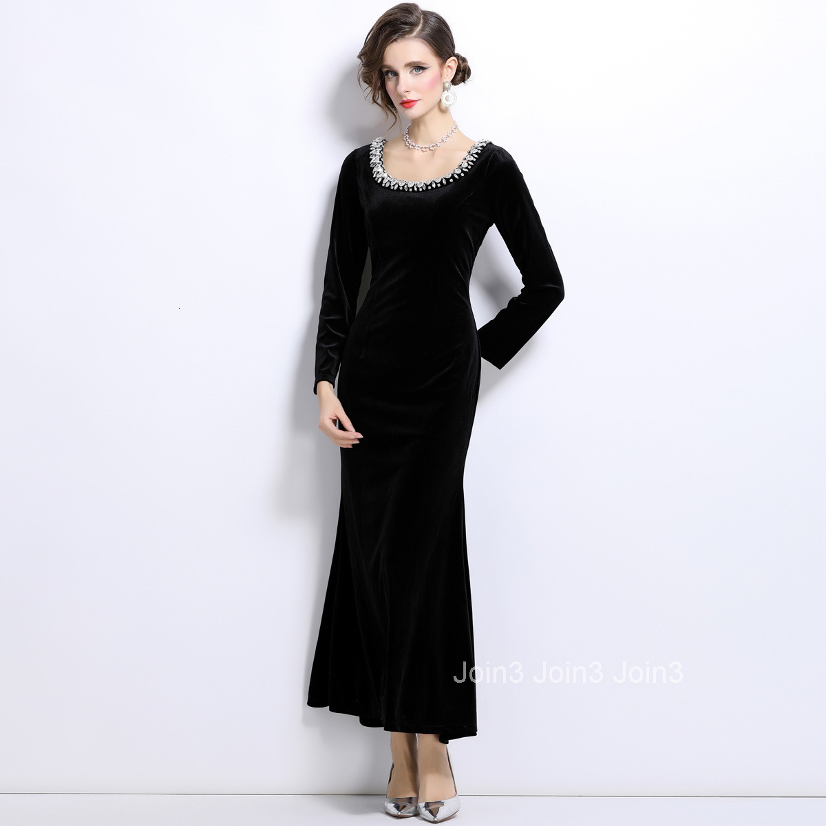 6993 Autumn New Womens Velvet Elegant Fishtail Dress Black Dress Slimming Long Sleeve Dress