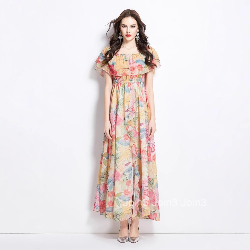 2695 Spring Summer New Ruffle Off-Shoulder Waist-Cinching Flared Beach Dress with Slit Chiffon Dress