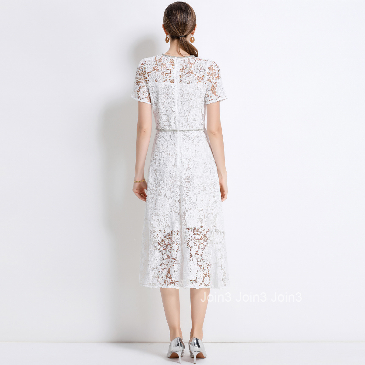 9631 Elegant Mesh Embroidered Dress Mid-Length Waist-Cinching Slimming Dress