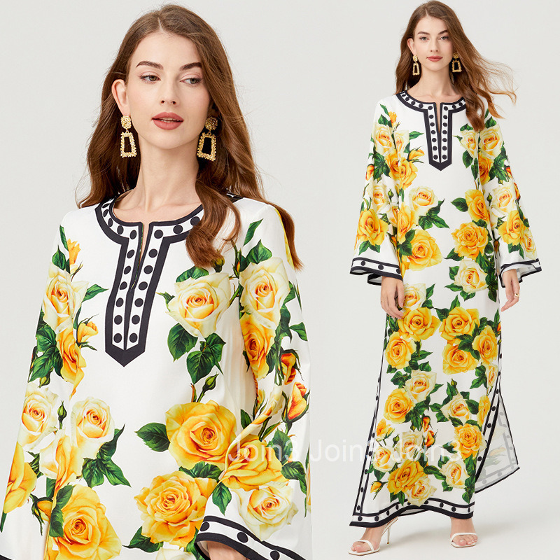 613 summer new womens printed polka dot round neck slit long sleeved dress loose long skirt