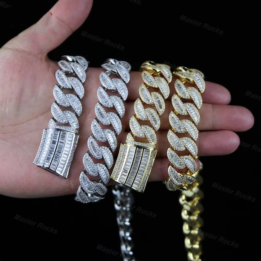 22mm Heavy Cuban Link Chain Necklace Baguette 925 Silver Hiphop VVS Iced Out Moissanite Chain