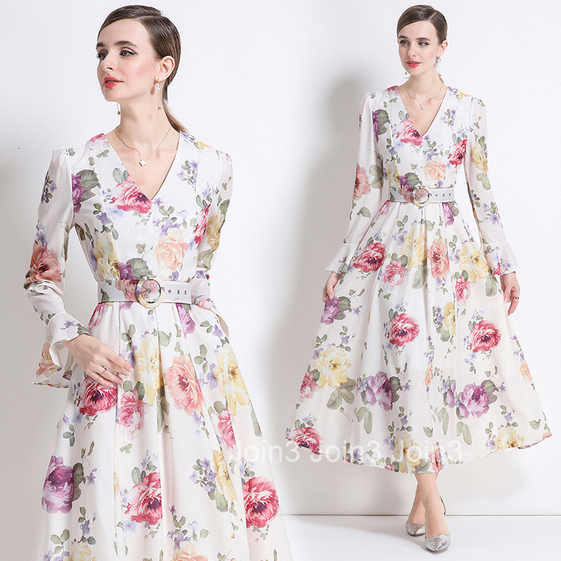 6691 Autumn New Deep Neck Flared Sleeve Printed Long Maxi Dress