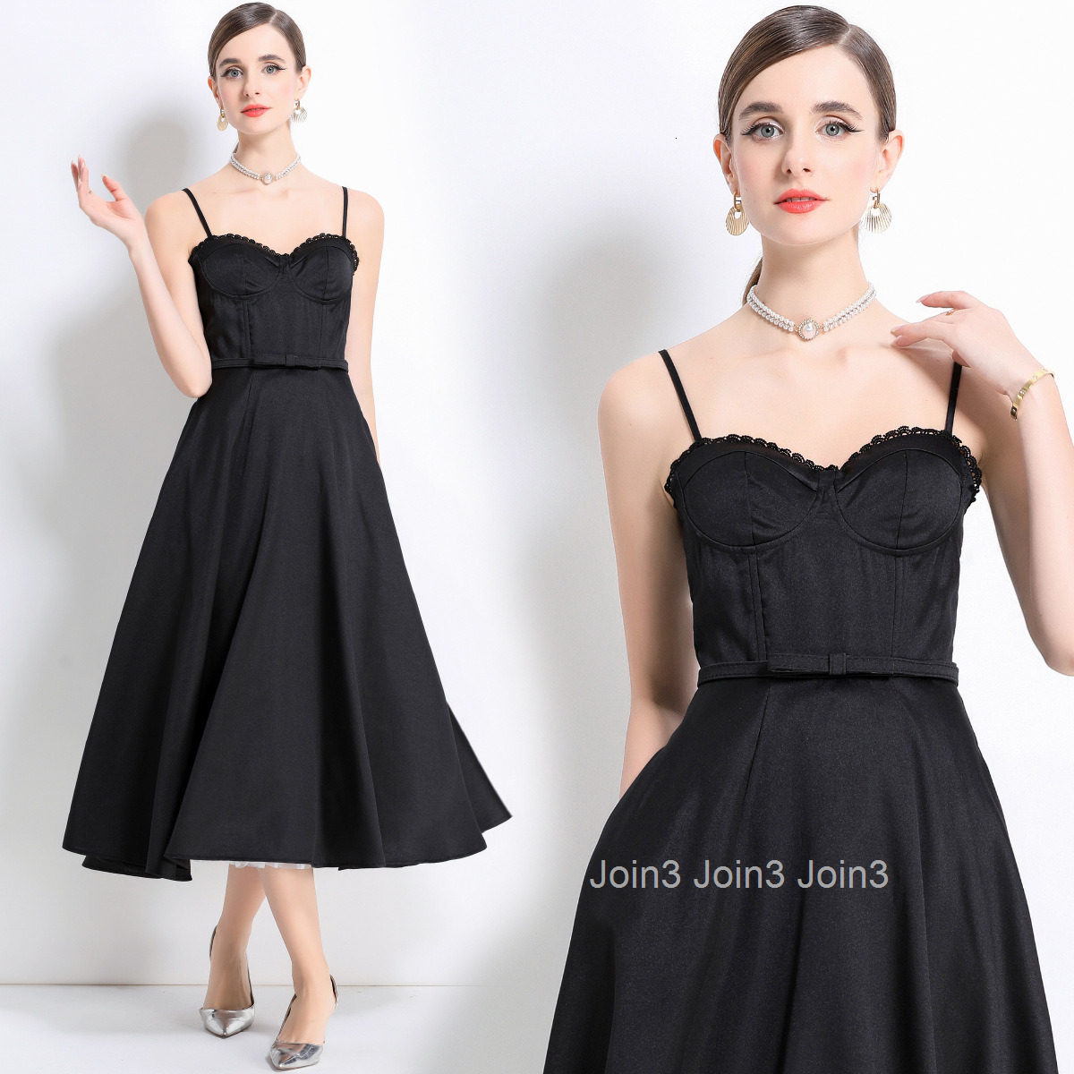 1694 Summer New Fishbone Strap Dress Mesh Large Hem Mid-Length Dress with Chest Pads Underwire and Belt