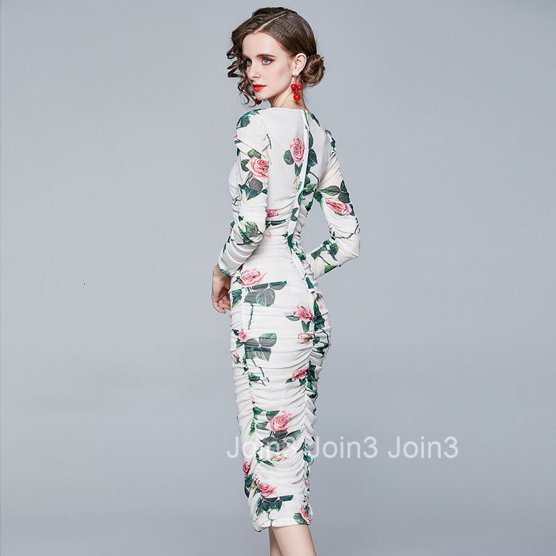 6147 Spring Summer Womens Mesh Printed Elegant Slim Fit Bodycon Sexy Three-quarter Sleeve Mid-length Dress