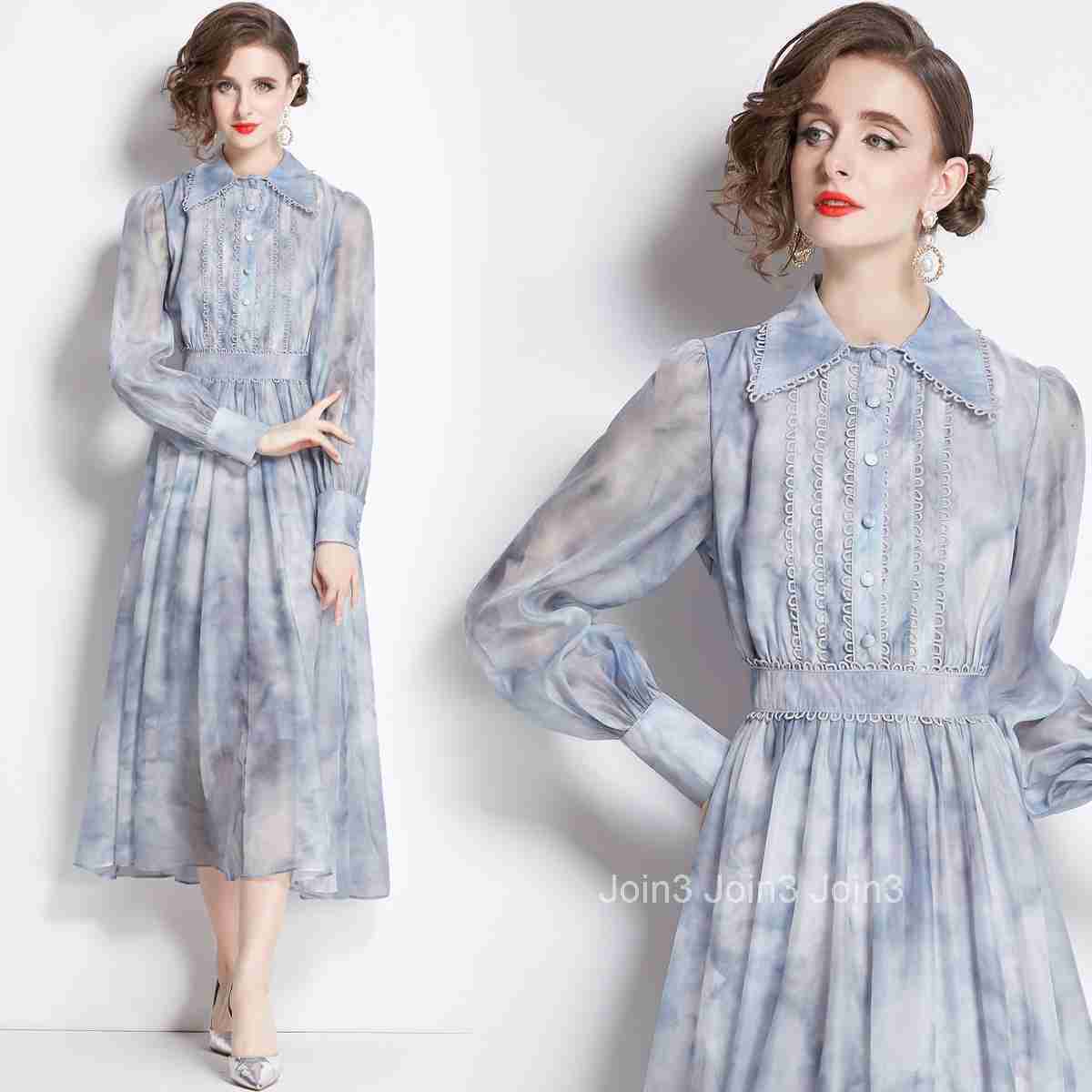 1998 Early Spring New Womens Vacation Style Printed Turn-Down Collar Long Sleeve Elegant Flared Long Dress