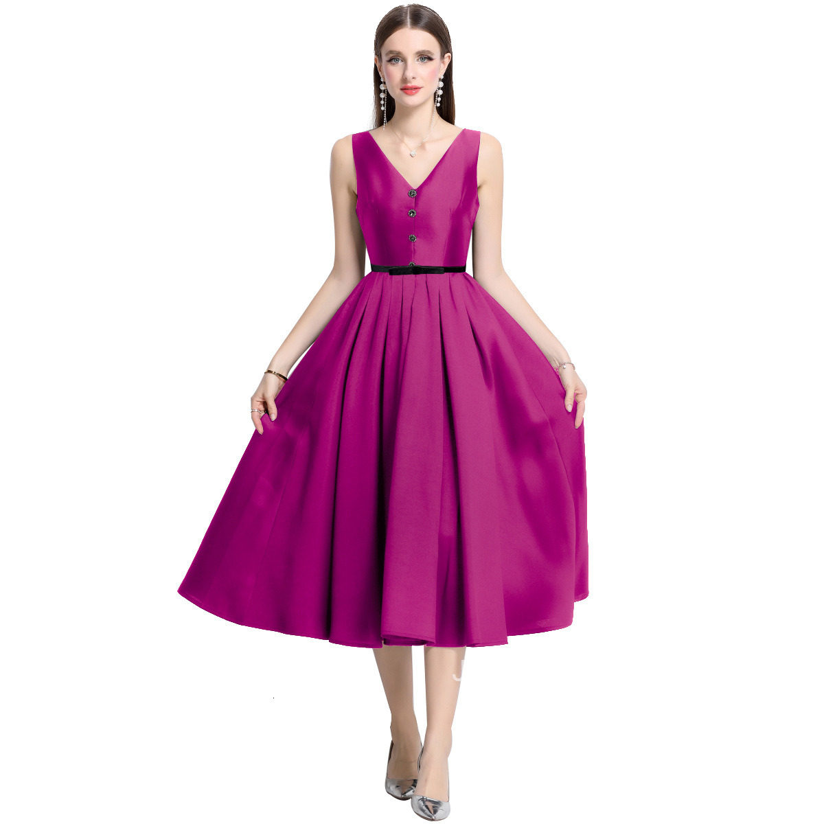 6806 Elegant Temperament Waist-Cinching Collar Dress French Style Slim Fit Mid-Length Dress with Belt