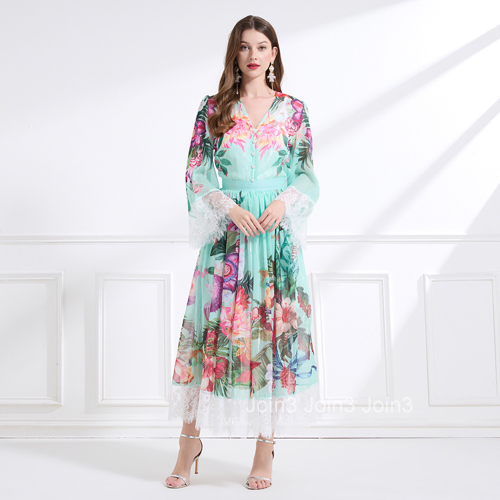 2192 Spring New Womens Vacation Style V-Neck Lace Print Top Waist-Cinching Long Skirt - Three-Piece Set