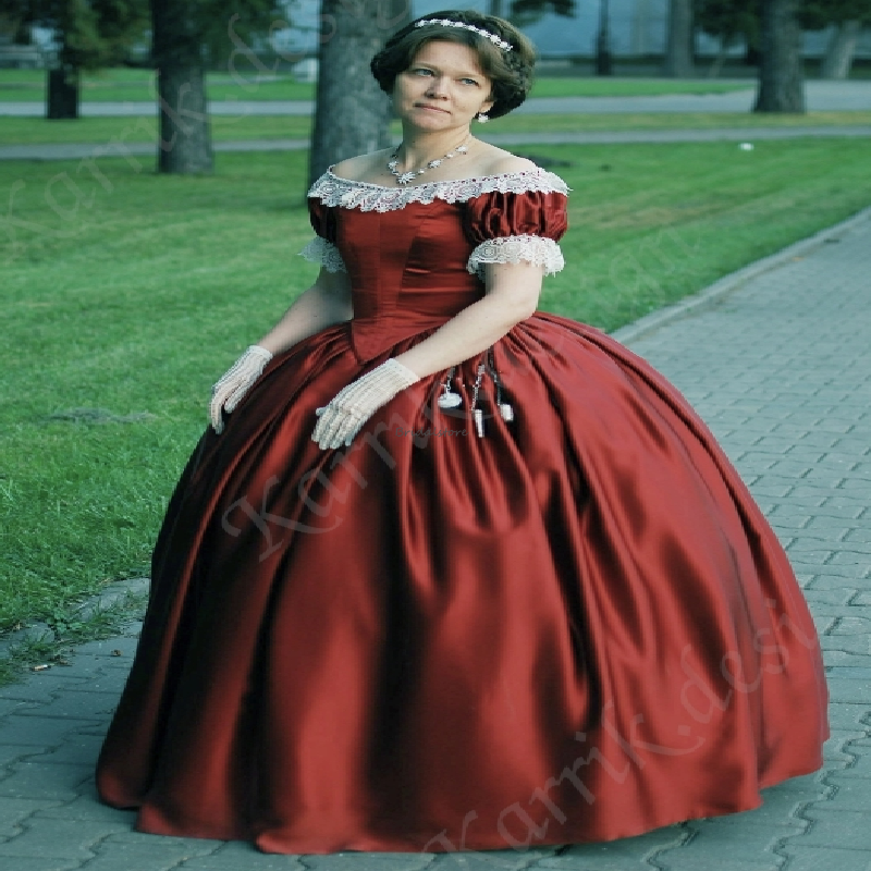 Renaissance Medieval Red Prom Dress Gothic A Line Satin Historical Evening Dress With Lace Cosplay Formal Party Gowns 1840 Historical Dress Civil War 