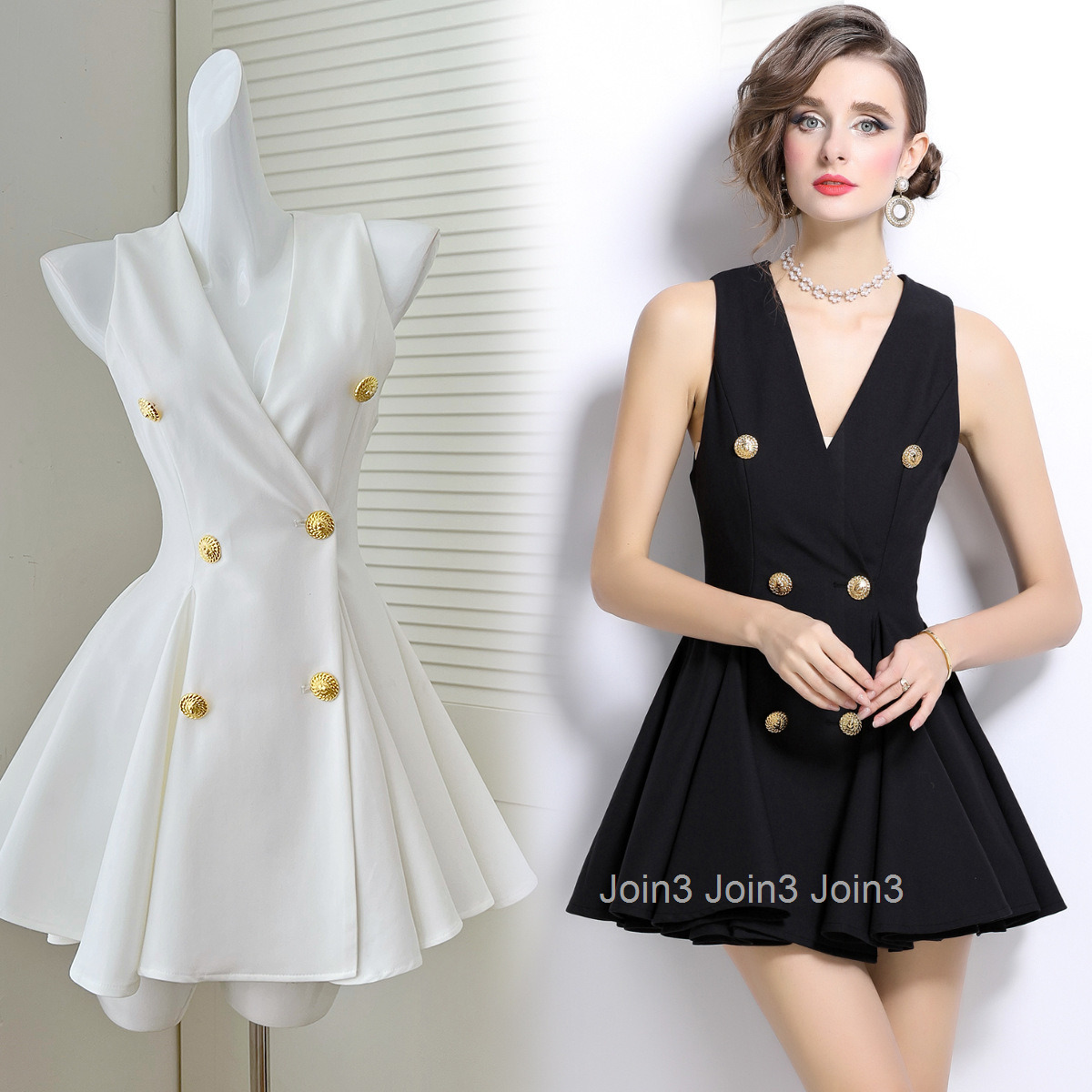 6994 summer new womens black V-neck sleeveless dress with double breasted buttons and waist cinched pleated short skirt