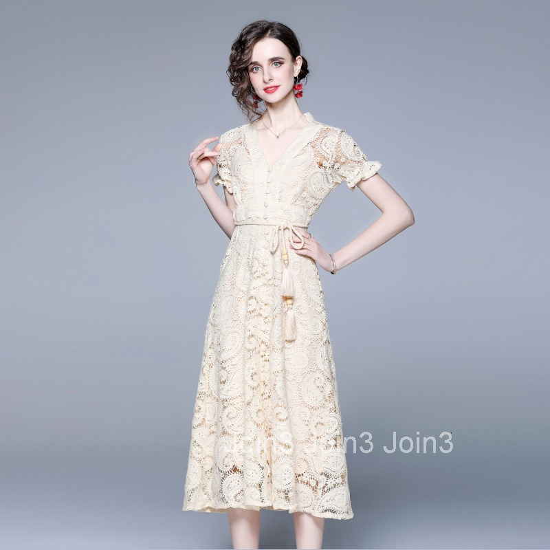 8326 Summer Heavy Craft French Court Lantern Sleeve Exquisite Water-Soluble Lace Long Dress with Waist Delivery