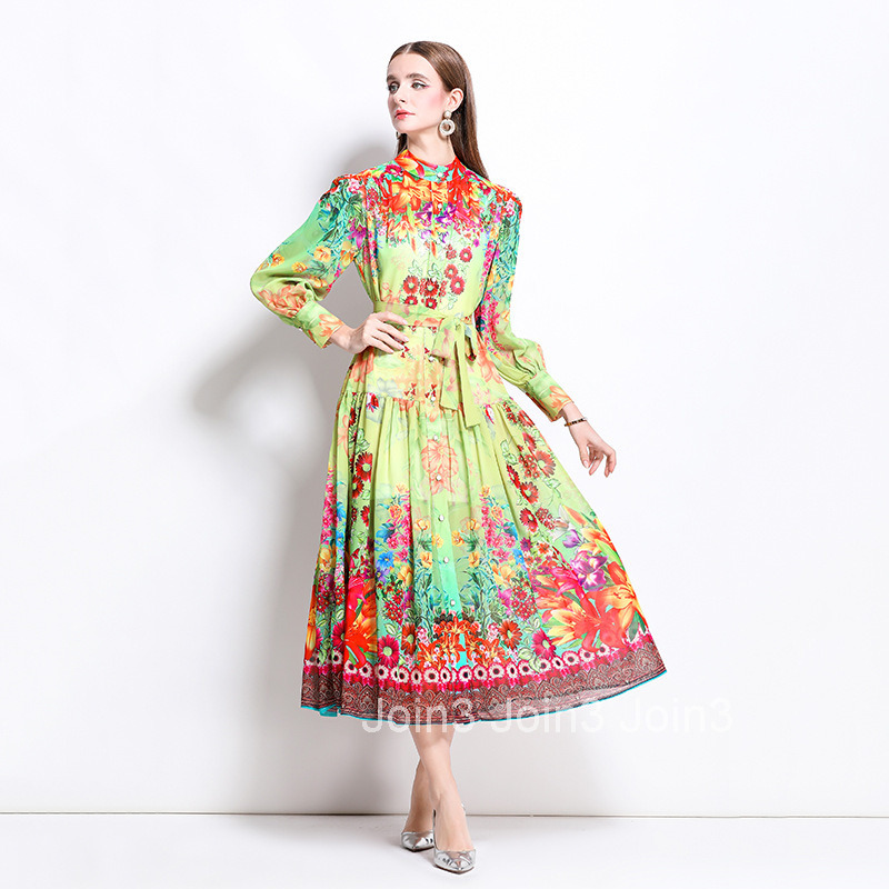 1247 Spring Summer New Chiffon Stand Collar Lantern Sleeve Printed Long Dress
