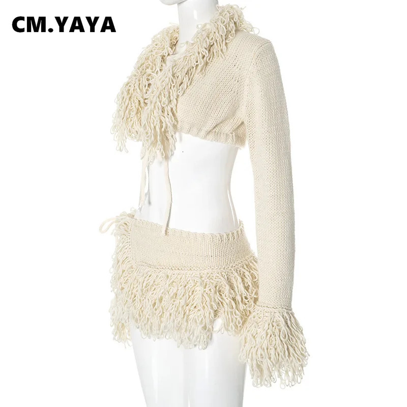 CMYAYA Women Knitted Mini Skirt Sets VNeck Long Sleeve Tassel Crop Top Fall Streetwear Sexy Party Two 2 Piece Outfits 250717