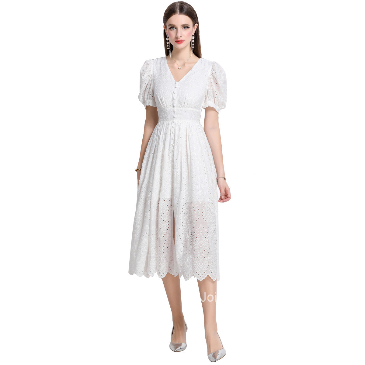 9607 French Collar Lantern Sleeve Dress for Women Single-Breasted Hollow Out Long Skirt