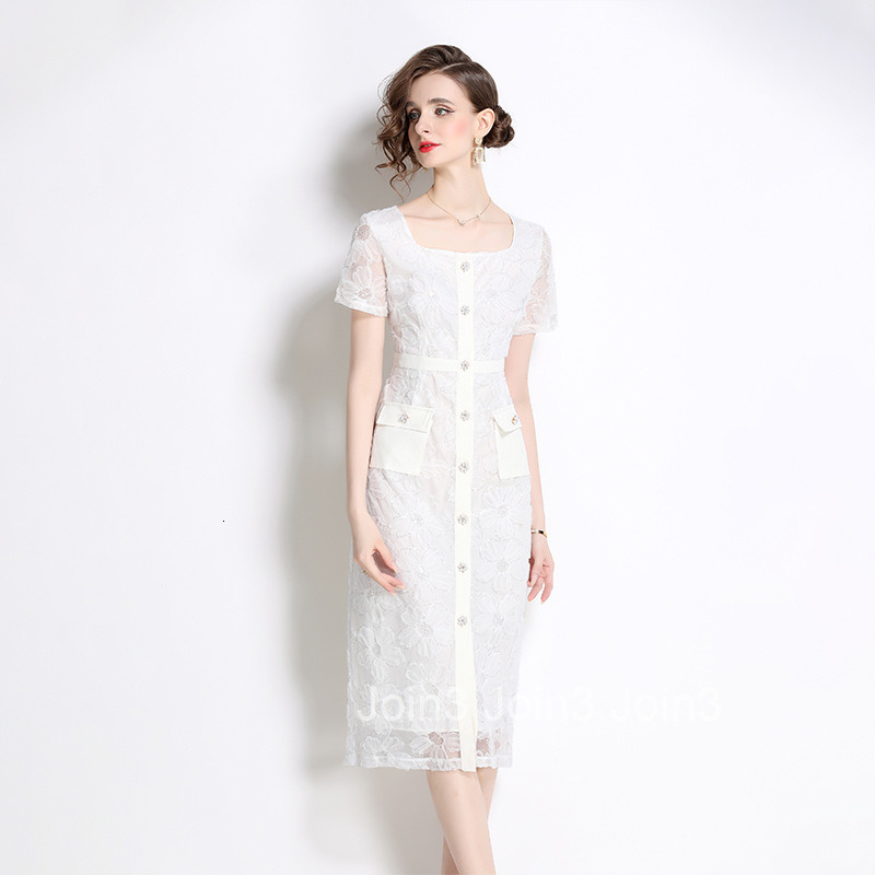8018 Summer New Womens Fashion Elegant Sequin Embroidered Lace Square Neck Short Sleeve Socialite Mid-Length Dress