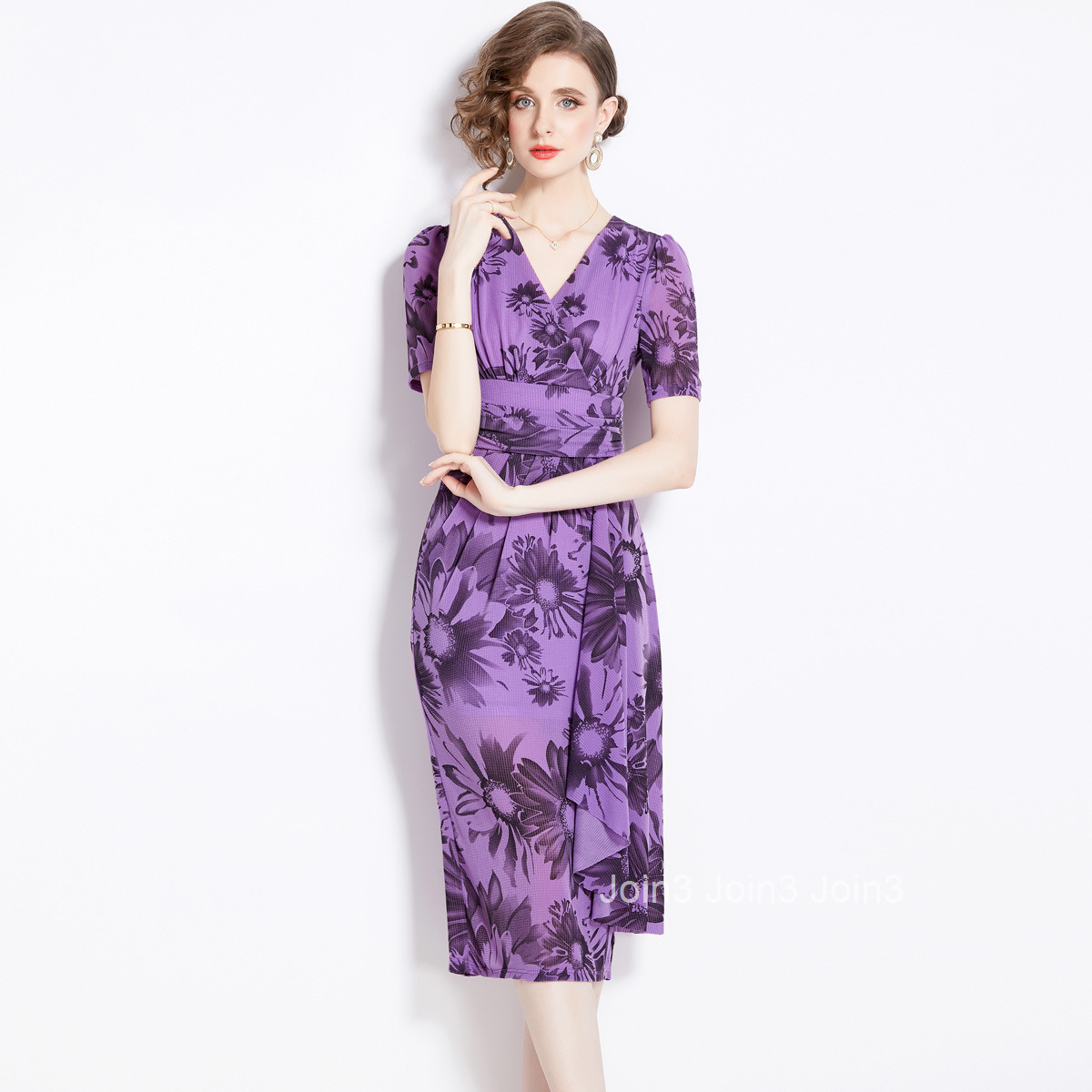 1977 Spring Summer New Womens Fashion Elegant V-neck Slim Fit Floral Short Sleeve Mid-length Dress