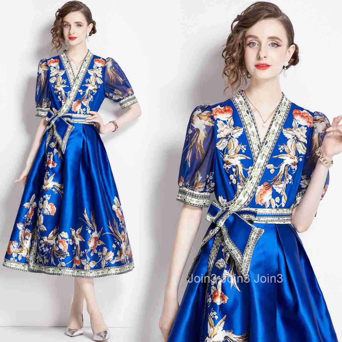 1651 Summer New Womens Elegance Style Printed Dress Waist up Dress V-neck Large Swing Long Dress