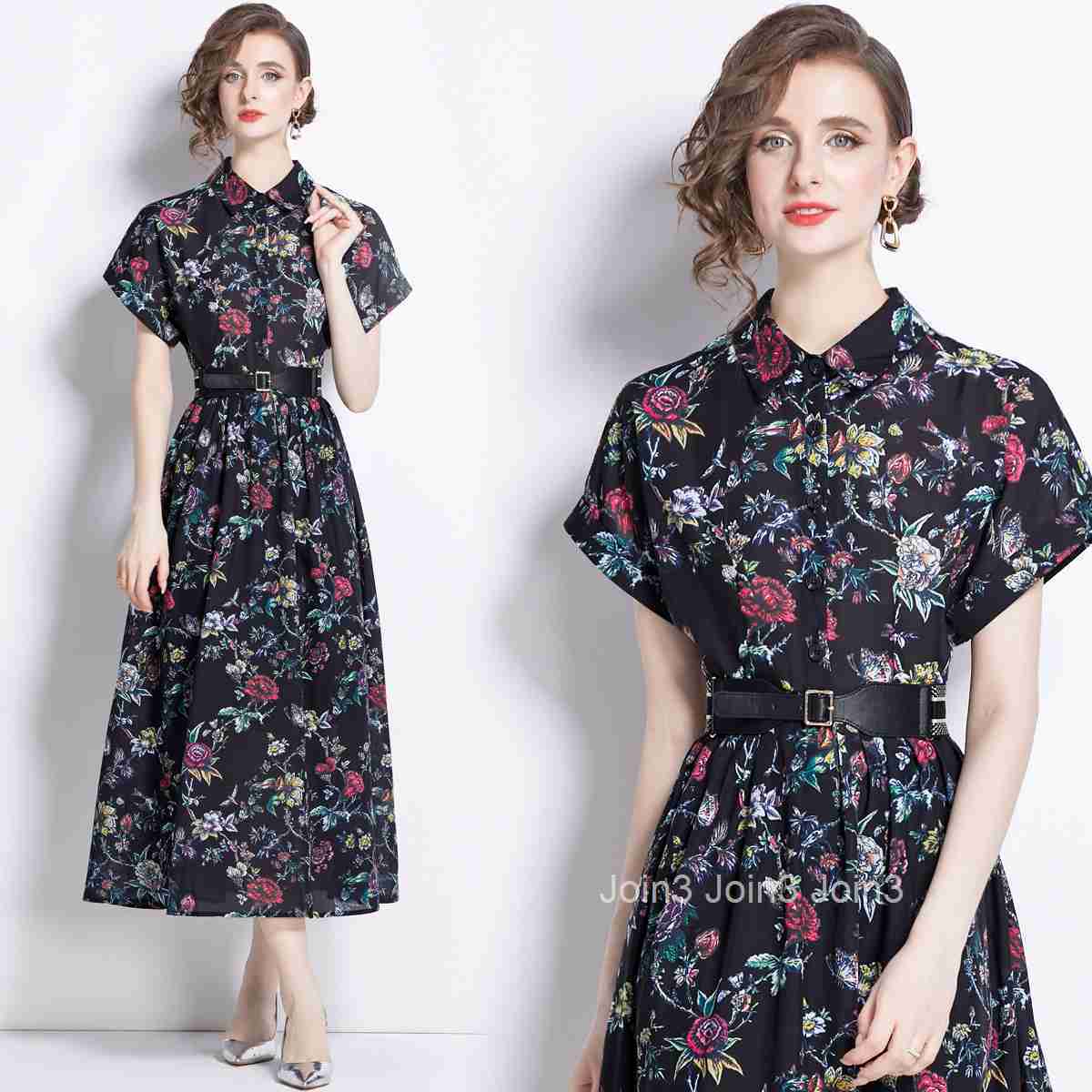 1899 Summer New Womens Printed Collar Short Sleeve Slimming Long Dress with Inner Lining (Comes with Belt)