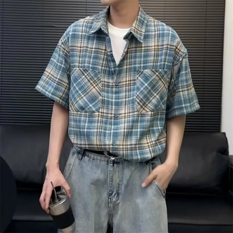 Mens plaid shirt short sleeved summer highend five quarter thin jacket beach travel fashionable loose casual 250717