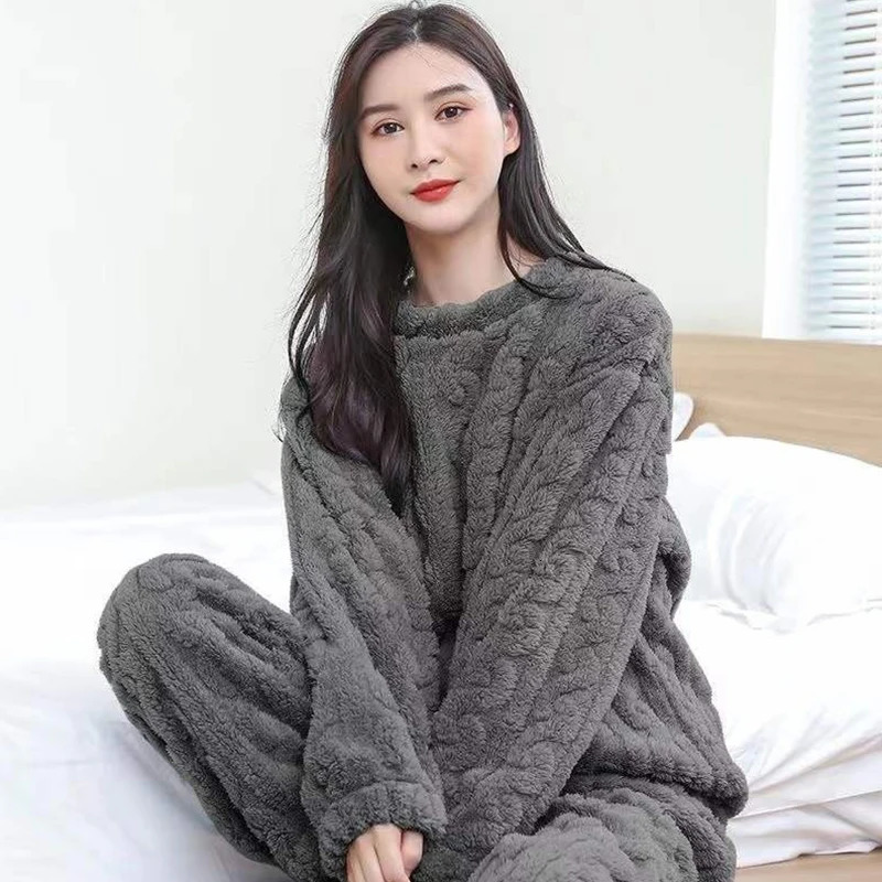 Autumn Women Solid Warm 2 Piece Sets Thicken Velvet Ribbed Fleece Set Pullover And Pant Casual Pajama 250717