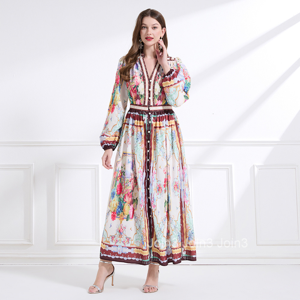 2190 Spring New Womens Fashion Elegant V-neck Single-breasted Printed Long Sleeve Waist-cinching Long Dress