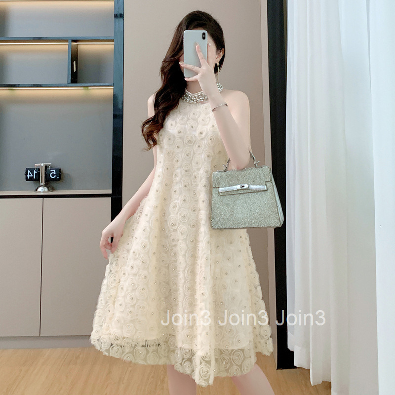 2025 Halter Neck Sleeveless Dress for Women Summer Mesh Three-Dimensional Flower Rhinestone Design Elegant Mid-Length Dress