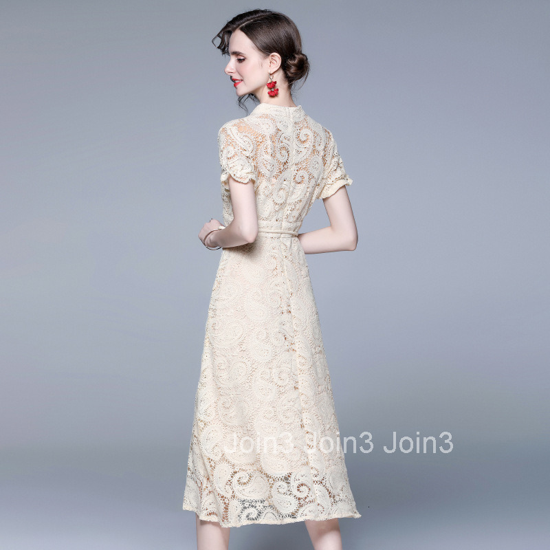 8326 Summer Heavy Craft French Court Lantern Sleeve Exquisite Water-Soluble Lace Long Dress with Waist Delivery