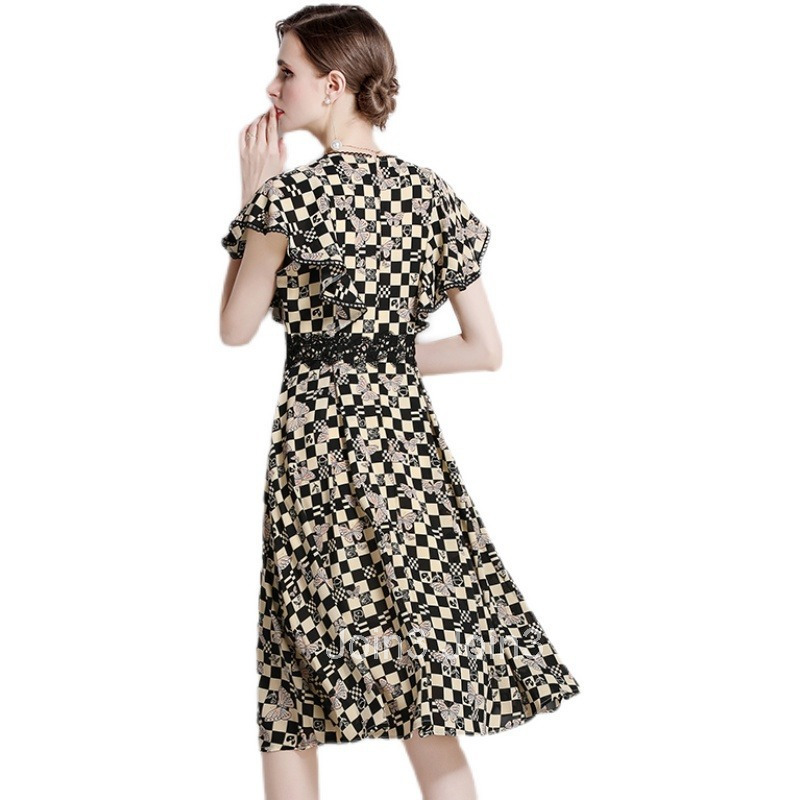 6566 Womens Summer New Plaid Print Mid-Length Dress Elegant Waist-Cinching Slimming Short Sleeve A-Line Dress